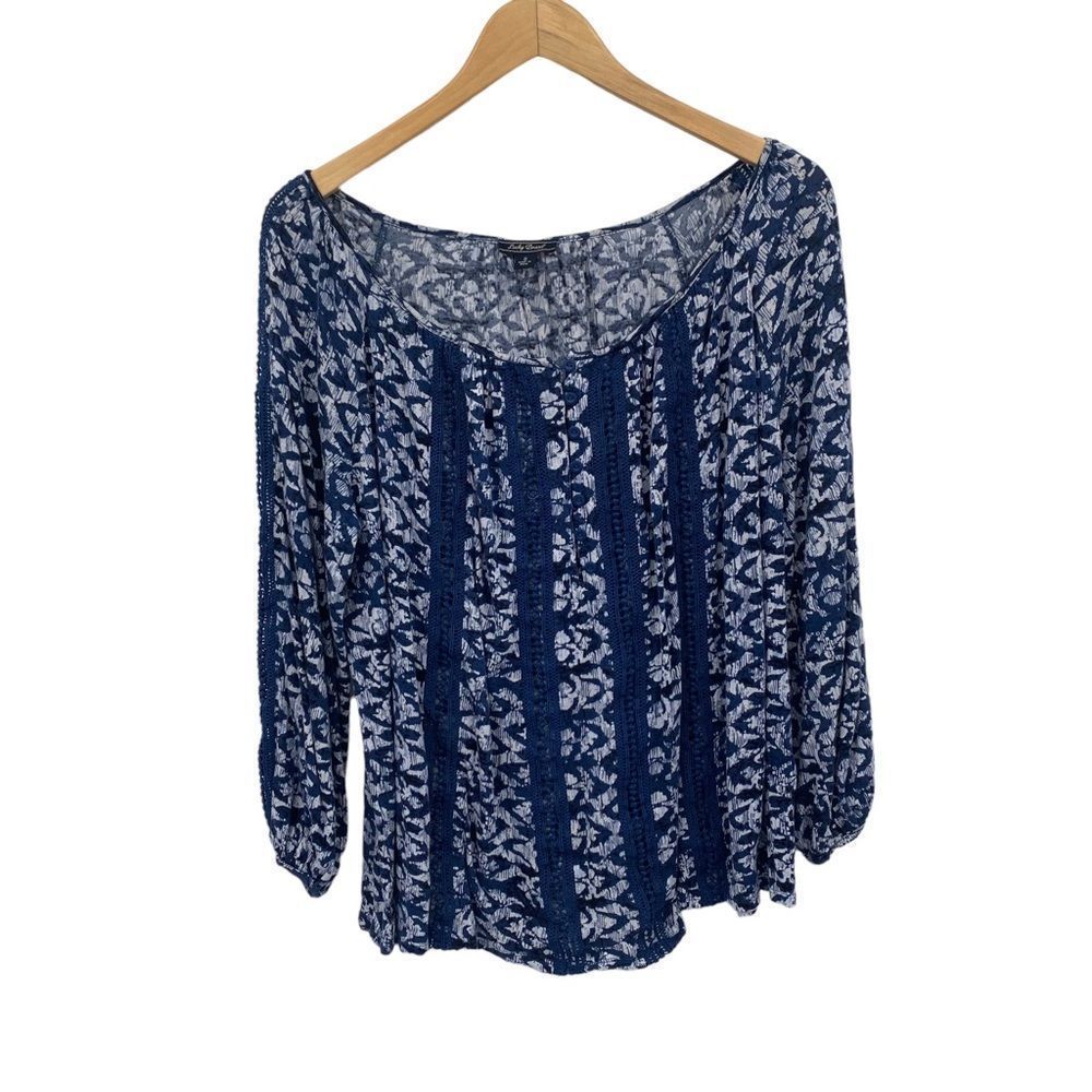 Lucky Brand Peasant Top in Blue and White Abstract Floral Print